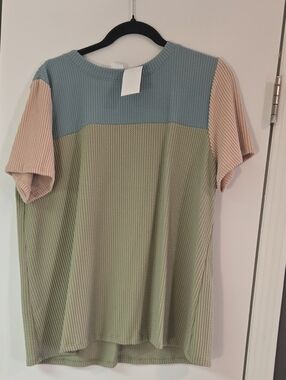 Colorblock Short Sleeve Knit Dress in Blue, Green & Beige